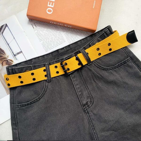 

casual harajuku wide belt canvas web double grommet hole buckle belt female male waist strap belts for women men jeans, Black;brown