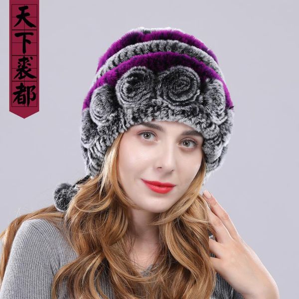 

beanie/skull caps winter women genuine rex fur hat knitted natural real fashion thick warm hats, Blue;gray