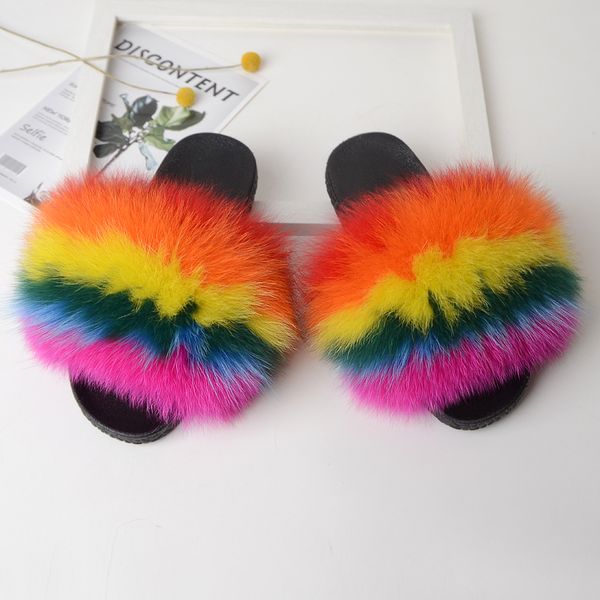 

luxury fur slides women summer faux fox fur slippers home furry flat sandals indoor flip flops fluffy house shoes woman, Black