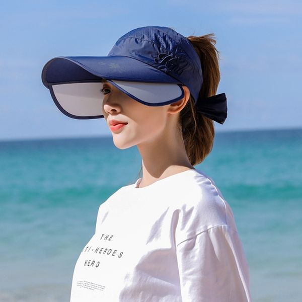 

women's sun retractable empty hat baseball cap baseball cap uv-proof sun hat outdoor big edge beach, Blue;gray