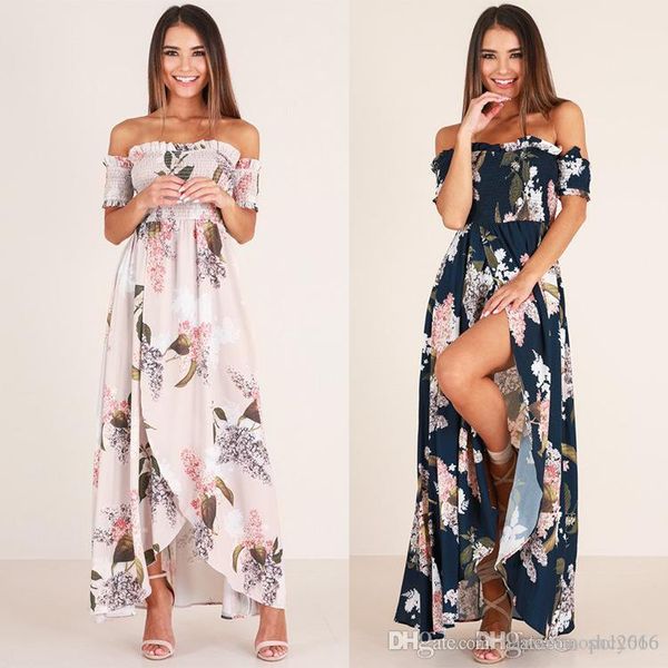 

women dress slash neck sling short sleeve pleated lady flower print skirt casual high bodycon waist beach long dresses size s-xl, Black;gray