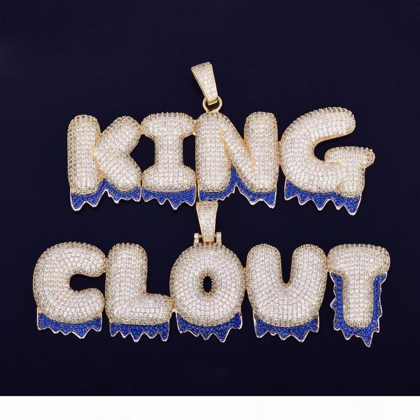 

custom name blue drip bubble letters pendants necklaces zircon hip hop jewelry with 3mm gold silver rope chain for gift