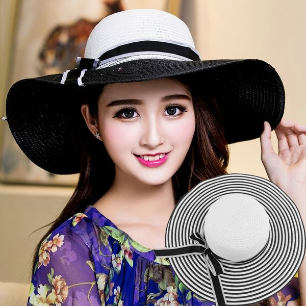 

korean straw hepburn small fragrant women's black and white straw toque female female stripe big edge sun hat sun hat, Blue;gray
