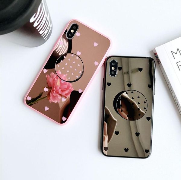 

mirror phone case for iphone11 11pro cute love heart soft tpu cover for iphone 6 7 8 xs xmax with bracket phone coque capa