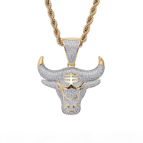 

men's hiphop cow head pendant & necklace gold plated paved cubic zirconia charm with chain punk rapper jewelry gift, Silver