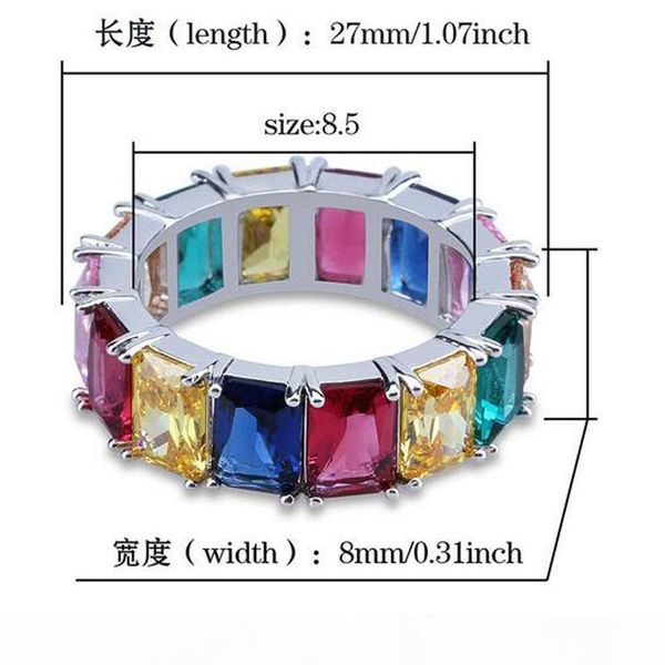 

d men 18k yellow gold plated one row colourful cz 360 eternity band bling rings cubic zirconia micro pave diamonds hip hop ring with gi, Golden;silver