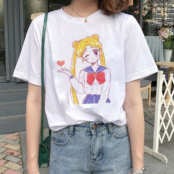 

kawaii sailor moon t shirt women harajuku cartoon t shirt 90s cute printed tshirt grunge korean style tees female, White