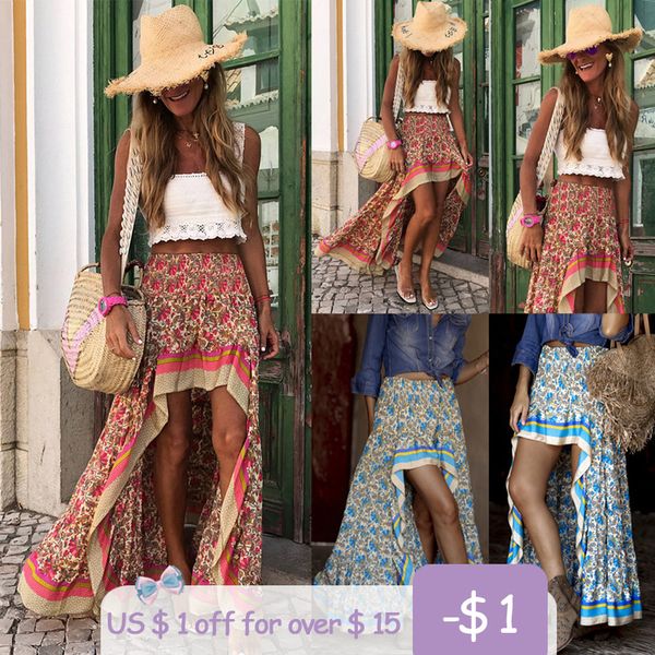 

fashion unique design front short rear length print maxi skirts women high waist boho beach elegant irregular long skirts, Black