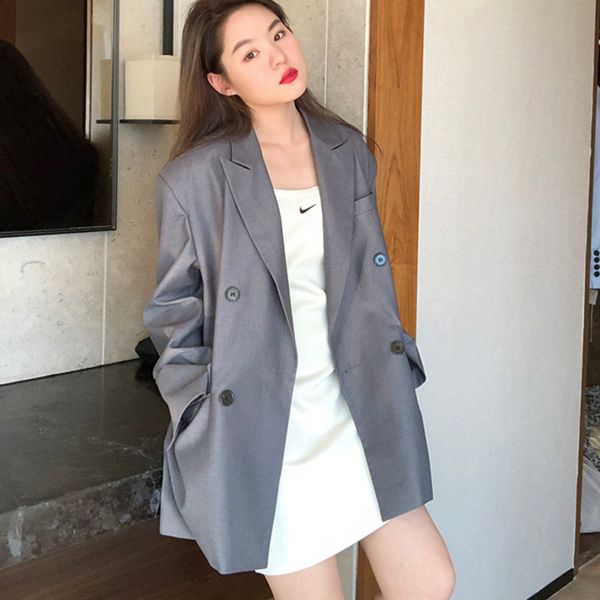 

ewq]2020 autumn new slimp loose ladies blazer gray fashion back zipper suit long sleeve loose sweet women jacket, White;black