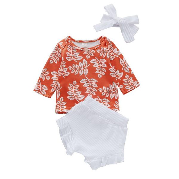 

baby cute clothes setd 3pcs baby girls clothes floral printed tee+shorts headband 0-18m infant toddler newborn outfits set d30, White