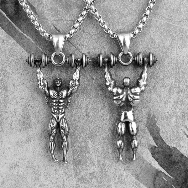 

dumbbells bodybuilding fitness men necklaces pendant chain for boyfriend male stainless steel jewelry creativity gift wholesale, Silver