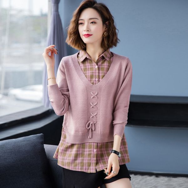 

lcbyx leading loose outer wear sweater coat sweater western style autumn and winter 2020 new fake two-piece knitted bottoming shirt, White;black
