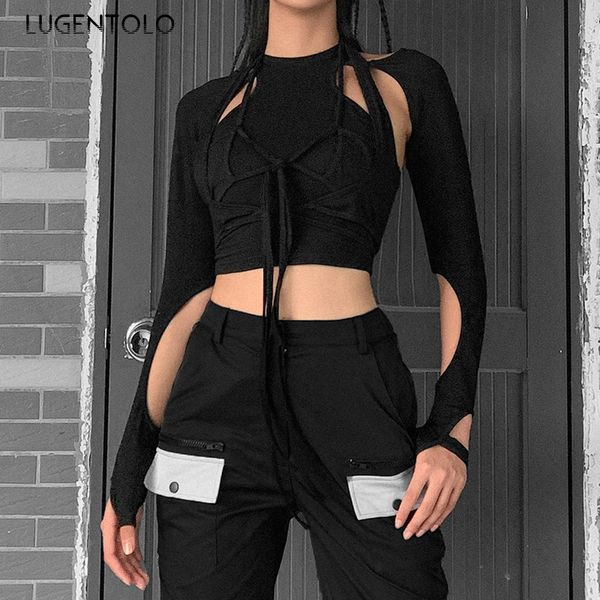 

lugentolo summer women's t-shirt slim bandage new o-neck long sleeve cool cutout strap lady fake two-piece fashion t-shirt, White