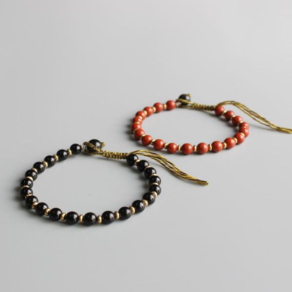 

natural red black stone beads & copper spacer handmade tibetan buddhist couples matching lucky knots bracelet om lover bangle