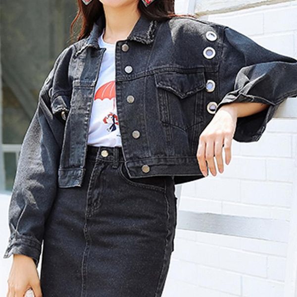

women's jackets fashion denim jacket basic women coats long sleeve washed crop jeans vintage loose girls outwear decorative pockets, Black;brown