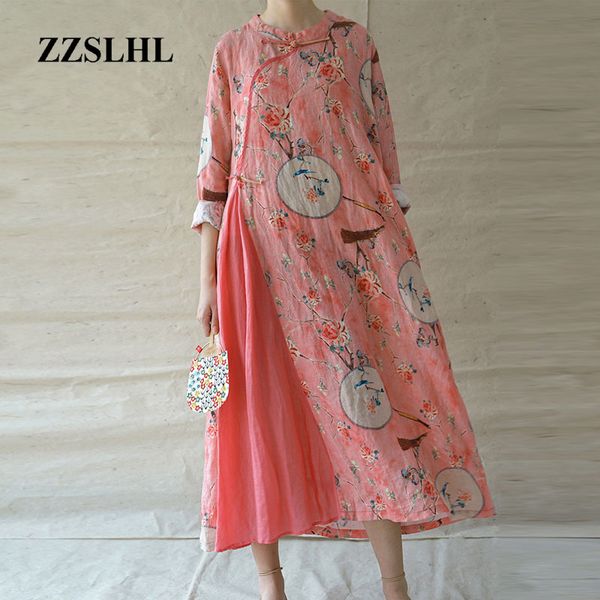 

women retro fashion print stand plate buckle cheongsam dresses 2020 summer new cotton linen three quarter sleeve dress, Black;gray