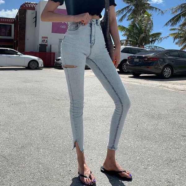 

streetwear light blue high waist stretch skinny women jeans pants split cuff ripped hole female pencil jeans 2020 women trousers