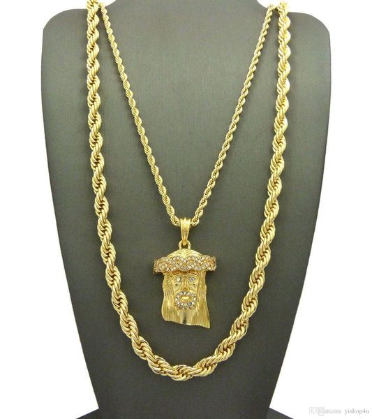 

hip hip iced out jesus face pendant w/ 24", 10mm 30 rope chain necklace set 2 pcs necklace set rapper accessories, Silver