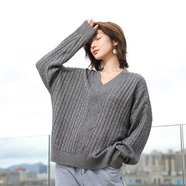 

woman winter 100% cashmere sweaters autumn knitted pullovers warm female thickening v-neck loose sweater large size, White;black