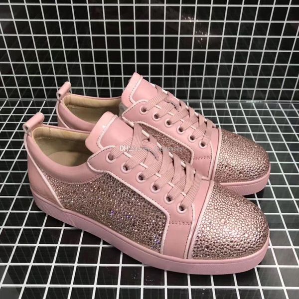 

pink leather diamond shoes red bottoms women luxury shoes designer men sneaker low red sole lace-up casual shoes women spike shoe, Black