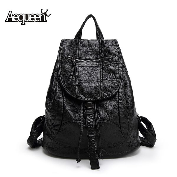 

aequeen women leather backpacks school casual travel backpack for girls mochilas bag rucksack plaid shoulder bookbag bolsa black