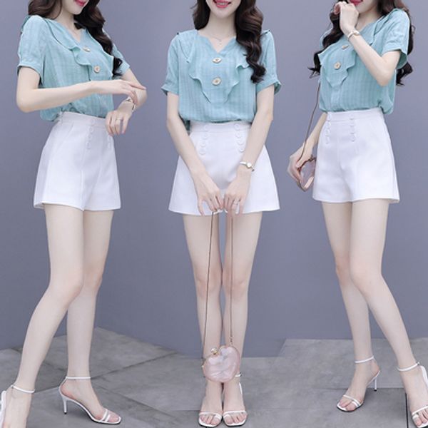 

korean cute outfits for teens ruffles two piece elegant 2 piece set shirt and white shorts outfit women clothing woman set