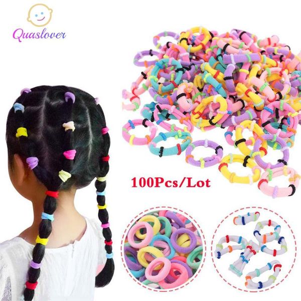 

quaslover 100pcs colorful girls hair accessories elastic hair band ponytail ring kids headband children gum ties holder, Slivery;white