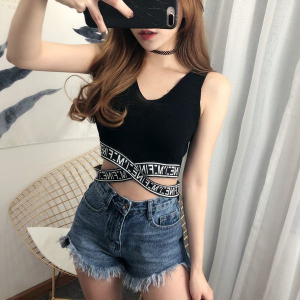 

jpkde ~ v-neck knitted sleeveless versatile hem letter cross short ~ v-neck knitted sleeveless versatile hem letter cross shor, Camo