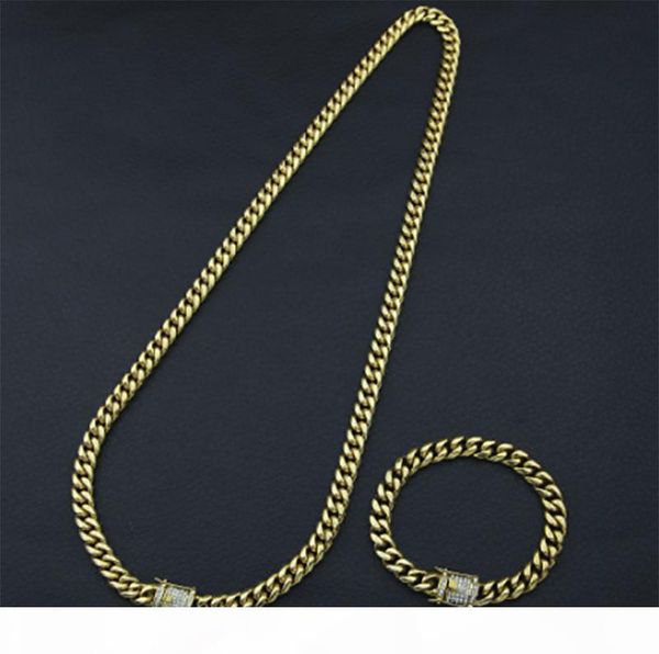 

cool mens necklace yellow gold tone 316l stainless steel miami cuba link chain and bracelets with diamond clasp lock 10mm width, Silver