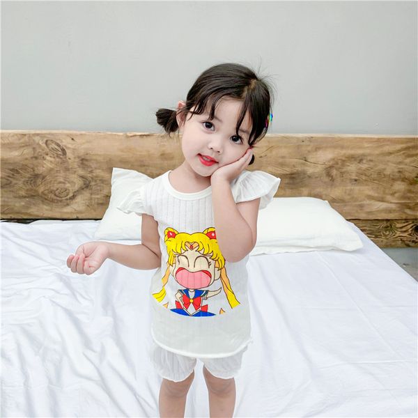 

new 2pcs/set cotton comfortable summer kids girl pajamas set cartoon sleeve children homewear pyjamas baby clothes 2-8 yrs, Blue;red