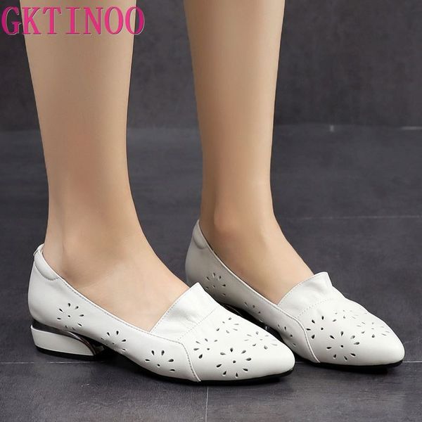 

gktinoo brand shoes thick heel ladies pumps genuine leather pointed toe hollow low heels soft handmade shoes women large size, Black