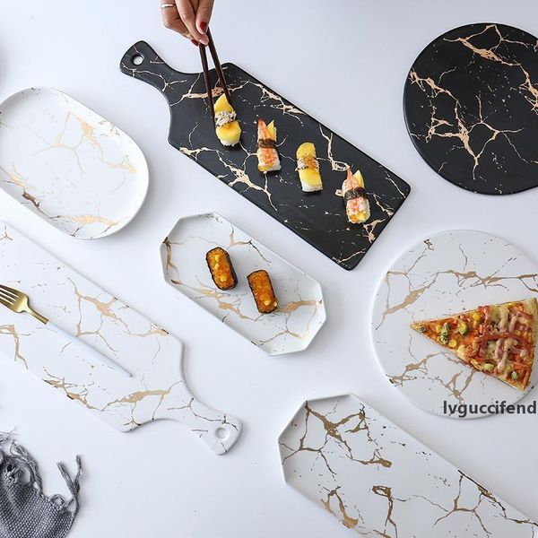 

lekoch creative marble stripe large rectangle and round ceramic pizza plate cookware porcelain sushi tableware wholesale t200107