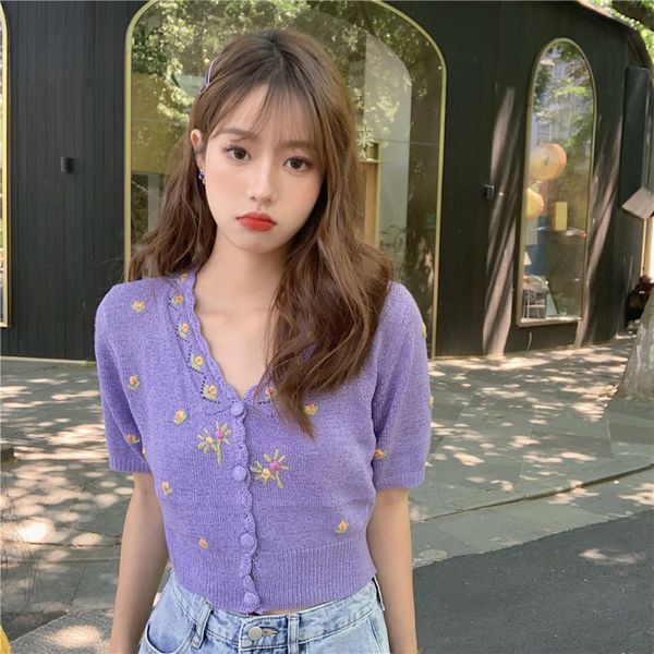 

embroidery sweet fashion knitting sweater v neck short sleeve single-breasted cardigans 2020 summer slim coat, White;black