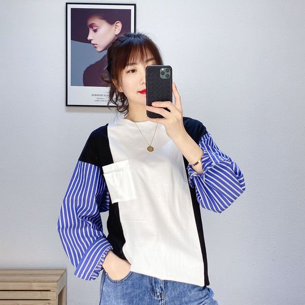 

o6urd chic подбора цветов весной новый круглый дизайн шеи чувство нишу top свитер контраст цвета шить полосатую рубашку с длинным рукавом св, Black