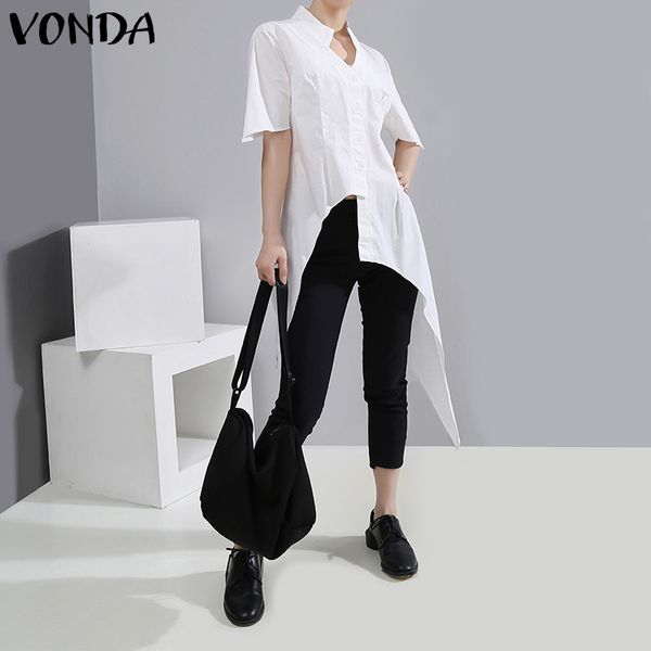 

s-5xl irregular women cotton shirts vonda 2020 short sleeved stand collar button up hem asymmetric blouse blusas femininas, White