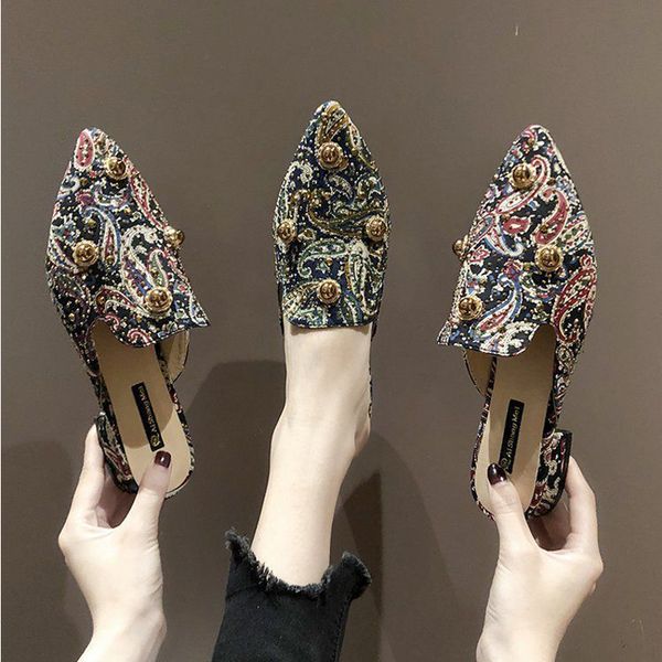 

slippers 2021 brand designer women slip on mules low heel casual shoes british crystal slides ponited toe heels summer footwear, Black