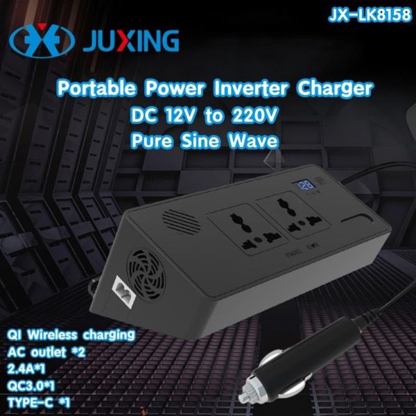 

juxing car power charger 12v to 220v multi-function converter with qi charging + 2 ac outlet + 2.4a usb +qc 3.0+ type-c adapter