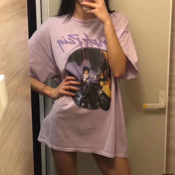 

shopping discount brandy melville summer new retro motorcycle purple band printed short-sleeved t-shirt ins wind, White