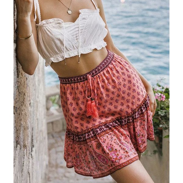 

chic hippie floral printed mini skirts vintage elastic tassel faldas summer 2020 beach boho casual clothes short women skirts, Black