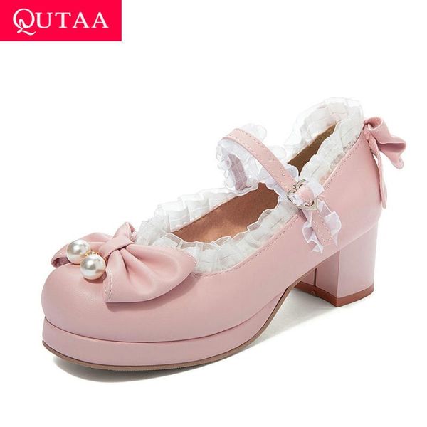 

qutaa 2021 платформа shallow pu кружева пряжка дамы насосы бабочки узел круглый toe площади высокий каблук женщины обувь одного размера 34-4, Black