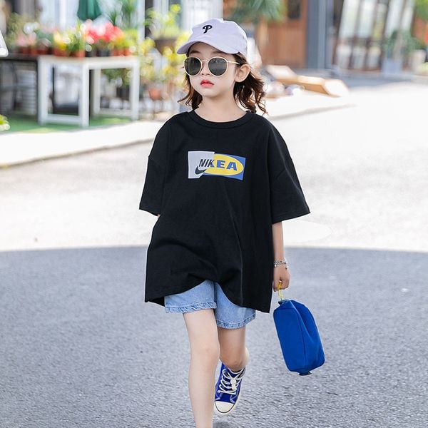 

r6plm 2020 девочка летней одежды чистого хлопок с коротким рукавом футболка белого нового пальто футболки топ средние и большие дети теряют, Blue