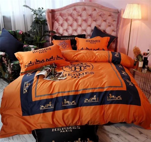 

bright orange h letter embroidery bedding bag luxury design boutique horse pattern bedding suit all cotton level bedding cover