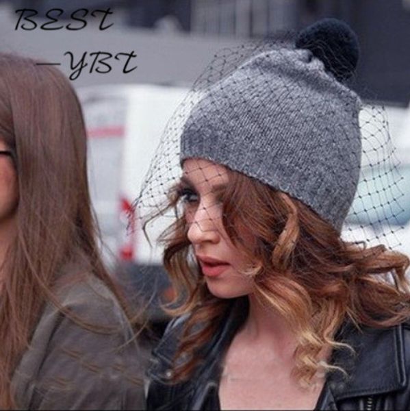 

new wave of small fragrant autumn and winter retro mesh veil hat knit wool cap british style hat hot, Blue;gray