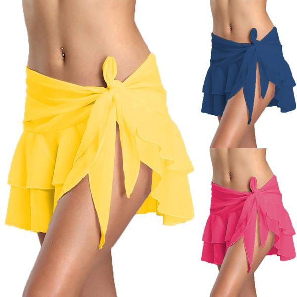 

mesh chiffon cover up beach bikini swimwear women short skirt summer pleated bandage wrap swimsuit solid beach skirts, White;black