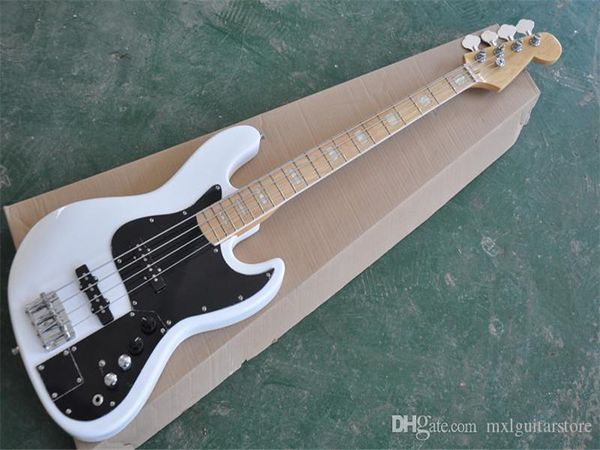 FACTORY Custom 4 Strings White Electric Bass Guitar con boyguard nero, tastiera di acero, intarsio a blocchi bianchi, offrire personalizzato