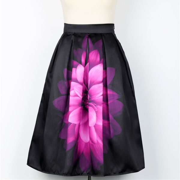 

2020 spring autumn audrey hepburn vintage fantasy purple flower floral print high waist pleated midi skirt black saias