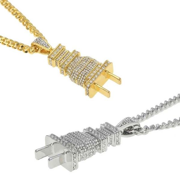 

hip hop rhinestone electrical plug chains bling iced out jewelry gifts men women crystal necklaces choker, Silver