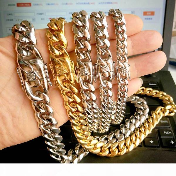 

gold filled men cuban chain necklace bracelet stainless steel jewelry high polished curb link double safety clasp 5 8 10 12 14 16 18mm, Silver