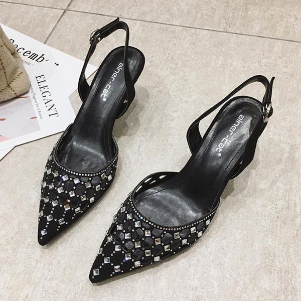 

rhinestone high-heeled shoes women's fine heel shallow mouth pointed two-piece single shoes women summer hollow women's, Black