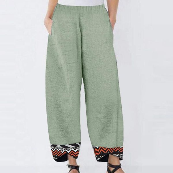 

women's pants & capris women cotton linen vintage summer elastic waist irregular trousers pantalon casual dandelion print cropped, Black;white